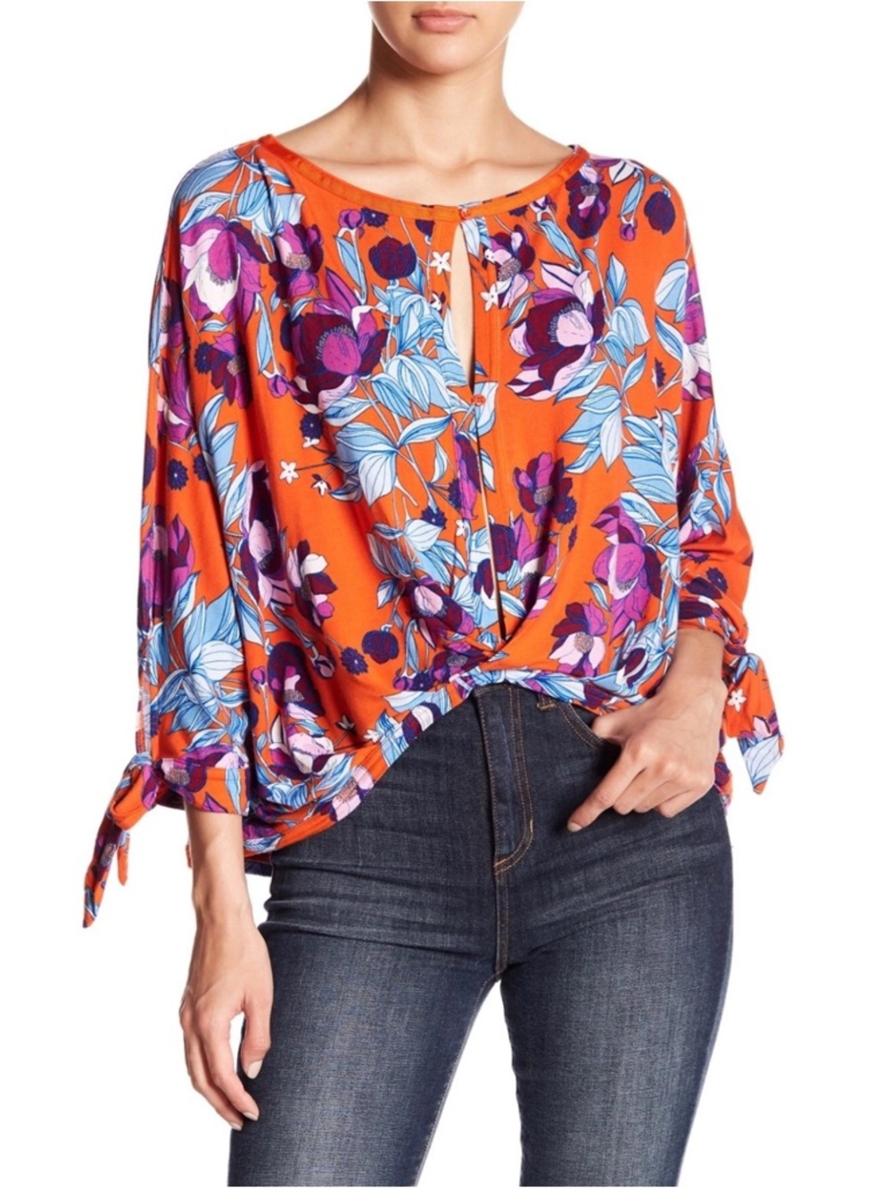 Free People Floral Top S Tie-Sleeve Coastal Resort Wear Beach Cottagecore Chic